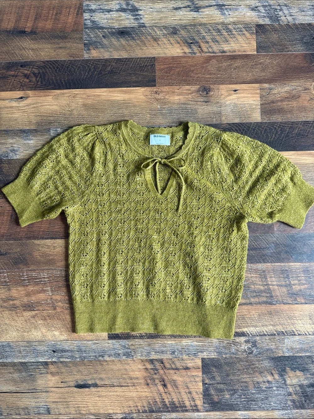 Crochet Pointelle Tie-Neck Short Sleeve Sweater Top